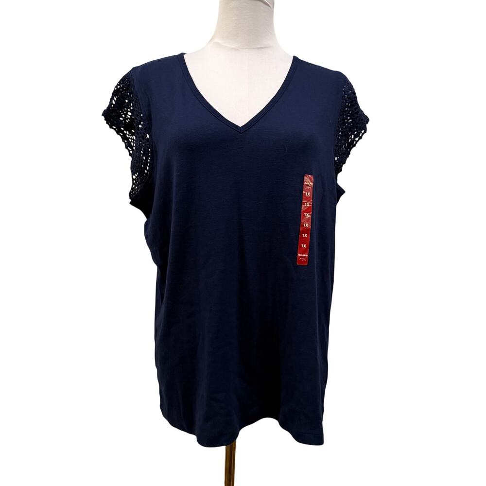NWT Chaps Women 1X Navy Blue Crochet Sleeve V Neck Cotton Top Casual Capsule